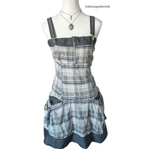 Y2K “Cache Cache” Grey Tartan Print Denim Trim Zip-up Dress